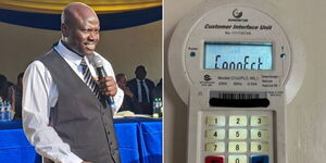A photo collage of Kenya Power CEO Joseph Siror speaking at a function in Nairobi on October 2, 2023, and a token in a house.