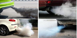Photo collage of different clouds of smoke emitted by car