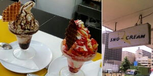 A collage image of ice cream served at Sno Cream(Left) and the entrance sign of Sno Cream in Nairobi Central Business District(CBD)