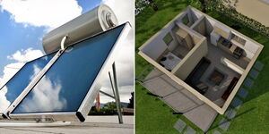 A photo collage of a water heater installed on a roof of a house (left) and an aerial view of an open house (right).