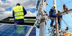 A photo collage of an electrician (left) installing solar panels and Kenya Power staff carrying out routine maintenance.