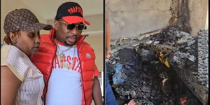 A collage of former Nairobi Governor Mike Sonko at the scene of the fire and the burnt house on Saturday, March 2, 2024. 