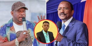 A photo collage of former Nairobi Governor Mike Sonko (left), Wiper party leader Kalonzo Musyoka (right) and Comedian Sammy Kioko (centre).