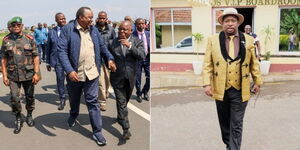 A collage of H.E. President (Rtd) Uhuru Kenyatta arriving in Goma, DRC, to attend the second Executive Consultative Technical team meeting at the Serena Hotel on July 12, 2023 and former Nairobi Governor Mike Sonko in a photo dates September 27, 2023