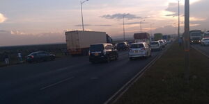 Traffic build up along the Southern Bypass in Nairobi as motorists stop to watch a herd of buffalo grazing