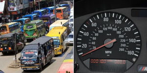 A photo collage of matatus in Nairobi CBD (left) and a speedometer which indicates the speed of a vehicle in motion (right).
