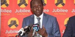 Jubilee Party Secretary-General Raphael Tuju addressing a press conference on July 22, 2018 at the party headquarters