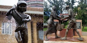 A photo collage of the Naked Justice Statue (left) and the Maumau Monument (right).