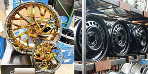 A photo collage of alloy rims (left) and steel rims (right)