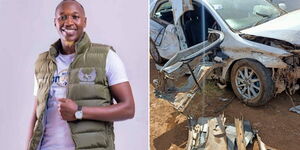 A collage image of deceased Laikipia Senatorial aspirant Steve Chege and the wreckage of the vehicle he was travelling in