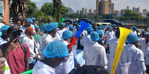 Graduate doctors and medical students stage protests outside Afya House on February 12, 2023.
