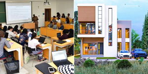 Photo collage of university students in a classroom and a house design shared by  House Design Kenya on May 6, 2023