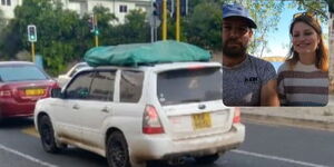 The Subaru that was pictured in Namibia. Insert: the couple who are the owners of the vehicle.