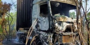 A Kenyan truck that was burnt in South Sudan