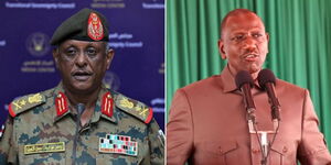 A photo collage of  Lt Gen Yasir Alatta, Assistant Commander-in-Chief of the Sudan Armed Forces (left) and President William Ruto speaking in Isiolo County on June 20, 2023 (right).