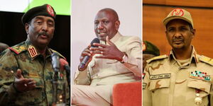 From Left: A photo collage of General Abdel Fattah al-Burhan of the Sudanese Armed Forces, President William Ruto at an event in Nairobi and General Mohamed Hamdan Dagalo alias Hemeti  at a press even in 2022.