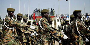 Soldiers in the Sudan army marching during a pst event.