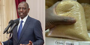 President William Ruto speaking at State House on July 4, 2023 (left) and packed sugar being sold at a shop (right).