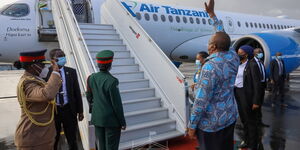 President Uhuru Kenyatta bidding farewell to his Tanzania counterpart Her Excellency Samia Suluhu Hassan at Jomo Kenyatta International Airport (JKIA) in Nairobi on May 5, 2021.