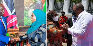 A collage of President Ruto (left) greeting his Tanzanian counterpart, Samia Suluhu on Monday, October 10, 2022. President Samia Suluhu greets retired president Uhuru Kenyatta on December 10, 2021.