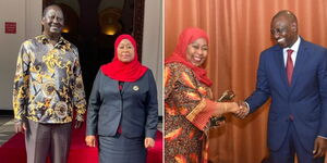 A photo collage of President Samia Suluhu meeting former Prime Minister Raila Odinga in Tanzania on August 25, 2021 (left) and Suluhu together with President William Ruto on March 19, 2023 (right).