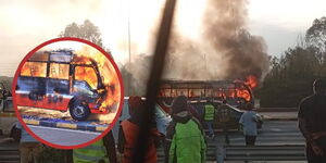 An image of a Super Metro bus engulfed in flames along the Thika Superhighway in Kiambu County on Monday, September 1, 2025.
