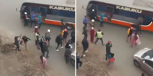 Passengers scampering to safety after police lodge a teargas canister inside a Super Metro bus in the CBD on June 21, 2024.