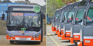 A Super Metro electric bus along Thika Road (left) and a fleet of buses parked at its main offices in Nairobi (right).  