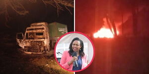 A photo collage of a severely burnt trailer and a private car in flames in Kihoto, Nakuru County, on Thursday, November 6, 2025.