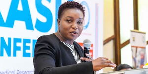 Health CS Susan Nakhumicha speaking during a conference in Nairobi on February 13, 2024.