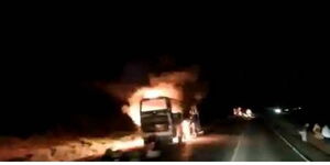 A photo of the Tahmeed Bus that caught fire in Voi on February 4