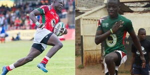 Kenya 7s Assistant Captain Jacob Ojee in action (left) and Joseph Oduor (right)