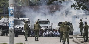 Tear gas fills the air as police confront protesters in Tanzania, October 29, 2025.