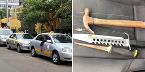A side-by-side image of taxi drivers in Nairobi (left) and crude weapons used for safety purposes. 