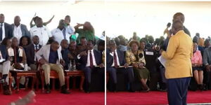 A group of teachers heckling KUPPET Secretary General Akello Misori during a State House meeting on Saturday, Seotember 13, 2025.