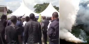 A collage image of parents at  Mukumu Girls’ secondary in protest(Left) and tear gas lobed by police (Right)