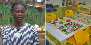 A photo collage of convict Teresia and a daycare centre in Kenya.