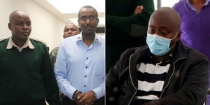 A collage image of David Tett during his sentencing in 2013 (LEFT) and appearing at Milimani Law Courts in 2021 (RIGHT).