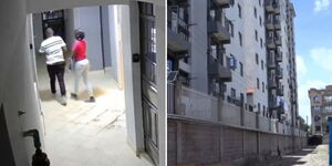The deceased (in red) and her companion arrive at the apartment in Kasarani.