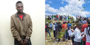 The suspect, Collins Jomaisi Khalisia, arrested over Mukuru killings (left) and onlookers at Kware Dumpsite.
