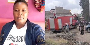 The late Jane Mwende Mwanzia (left) and a fire truck at the scene where her body was found.