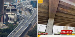 The Nairobi Expressway in Nairobi (left) and a fake poster showing cracks.