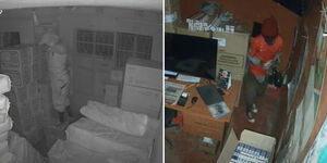 A photo collage of a thief descending inside a wholesale shop in Isinya, Kajiado County on November 3, 2023