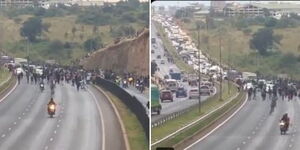 Anti-Finance Bill protesters stage demonstrations along the Thika Highway on June 20, 2024