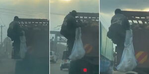 A photo collage of a man stealing from a lorry along the Thika - Garissa Road on July 3, 2023.