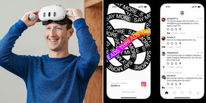 A photo of Facebook founder Mark Zuckerberg (left) and a screengrab of the Thread app launched on July 6, 2023 (right).
