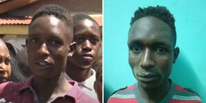 A side-by-side image of a suspect appearing as an eyewitness and as a perpetrator behind a dangerous gang.