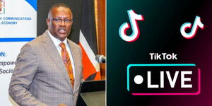 A photo collage of ICT CS Eliud Owalo speaking at a conference on April 31 (left) and graphics of TikTok live (right).