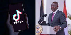 A photo collage of TikTok logo (right) and President William Ruto addressing the media at State House on August 21, 2023.