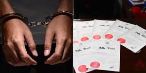 Photo collage of a man in handcuffs (left) and land title deeds.